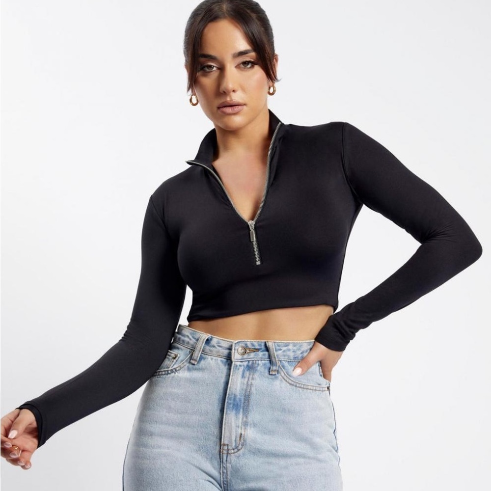 Black Meshki Long sleeve Mock Turtleneck Crop top Zip top XL